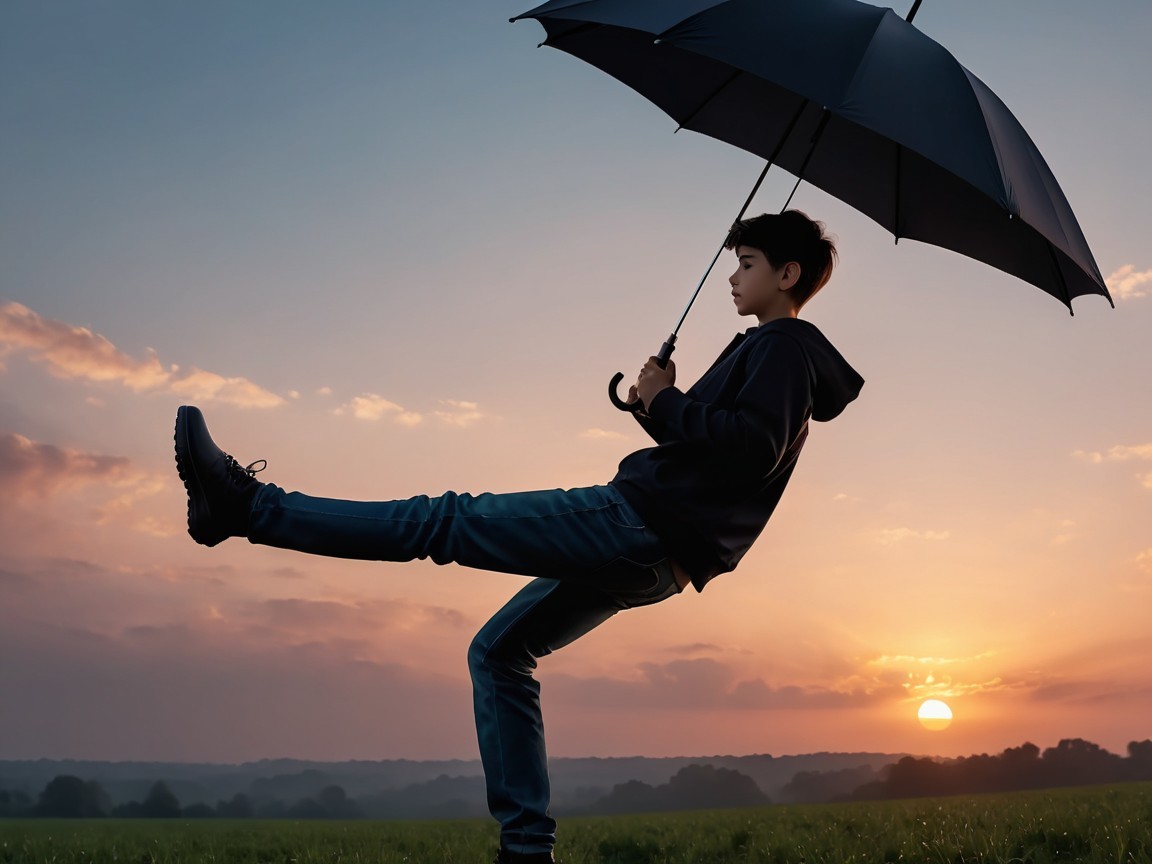 Young Person Balancing with Umbrella at Sunset