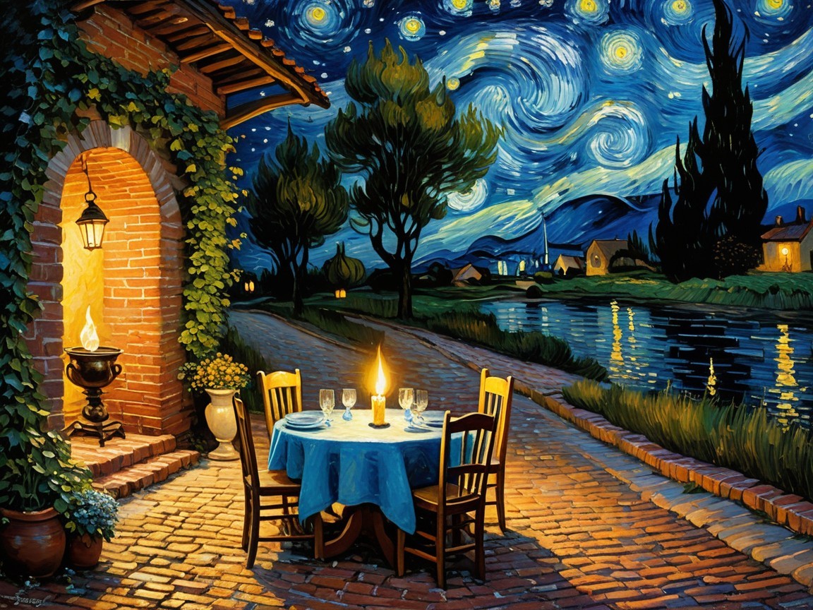 Outdoor Dining Scene Under Starry Night Sky