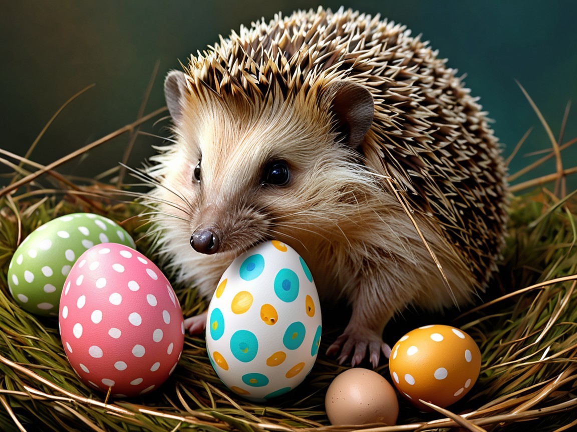 Hedgehog with Colorful Easter Eggs in Straw Setting
