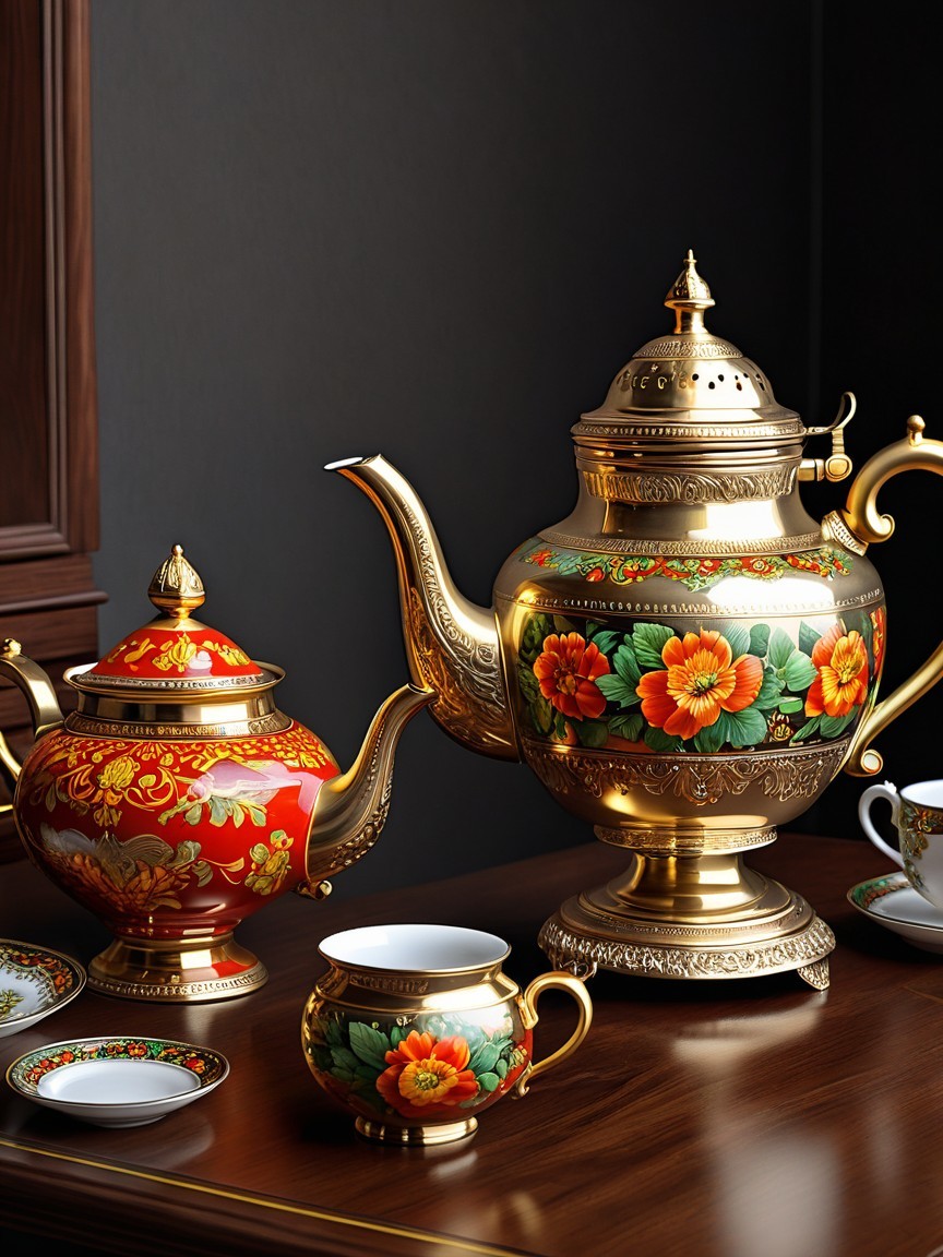 Ornate Golden Tea Pots with Floral Designs and Saucers