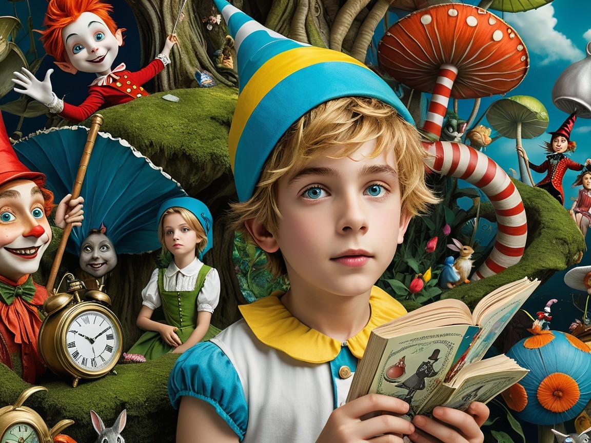 Colorful Scene of a Boy with an Open Book and Mushrooms