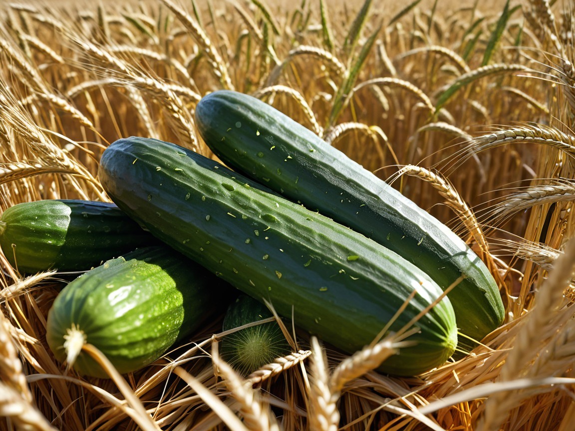 Fresh Cucumbers on Golden Wheat Stalks with Water Droplets