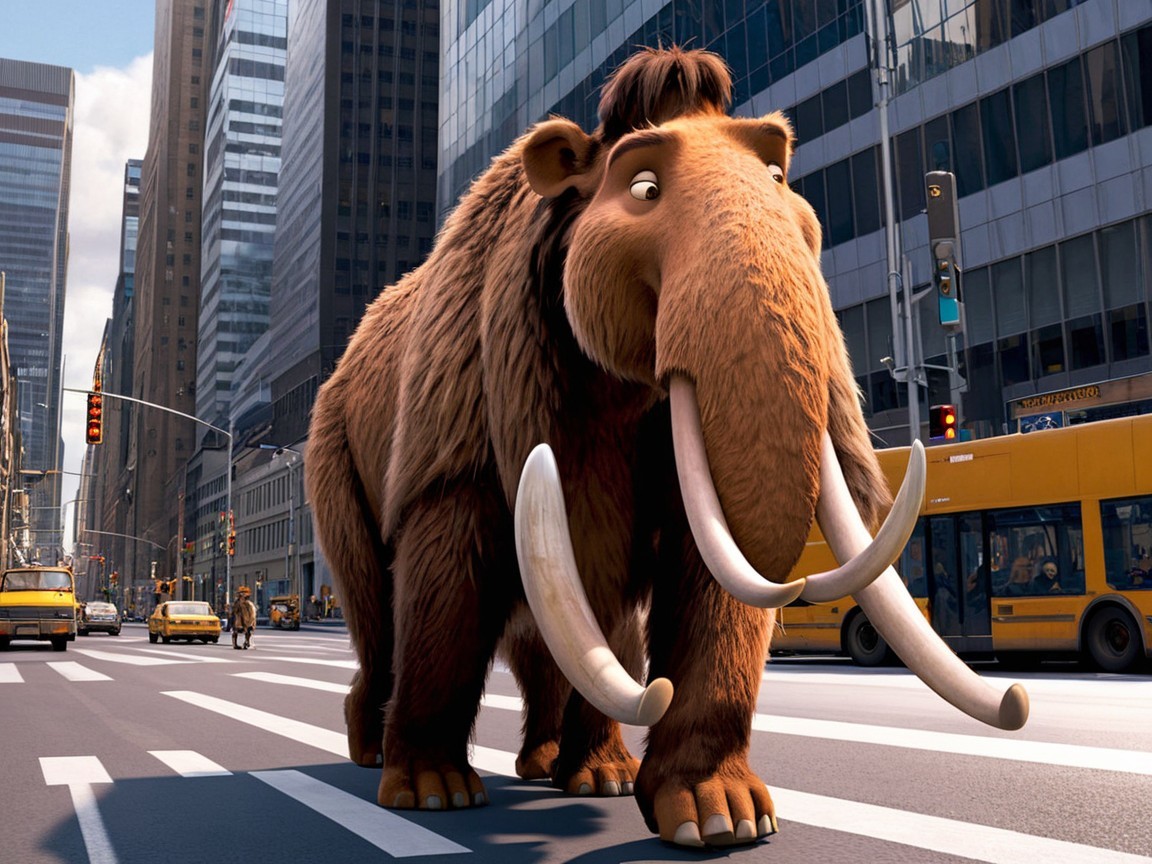 Mammoth Walks Through Busy City Street with Skyscrapers