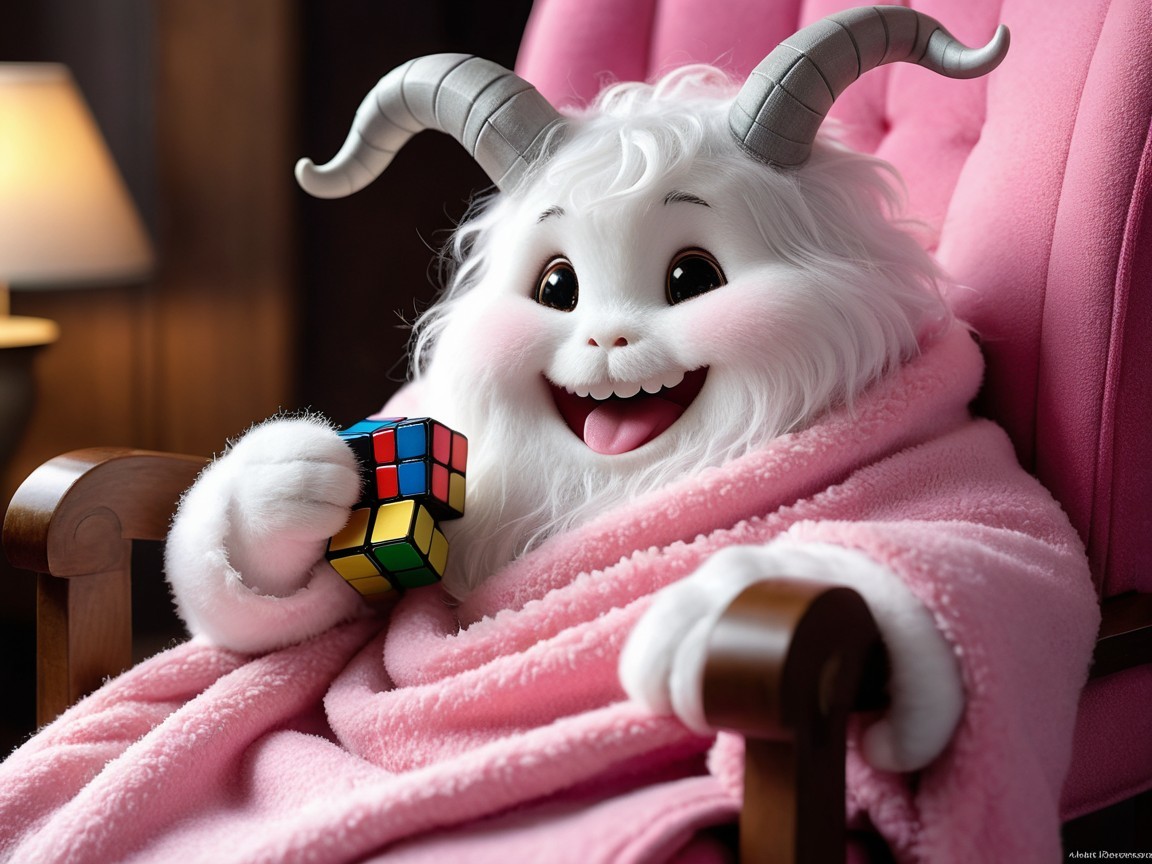 Cheerful creature in cozy armchair with Rubik's Cube