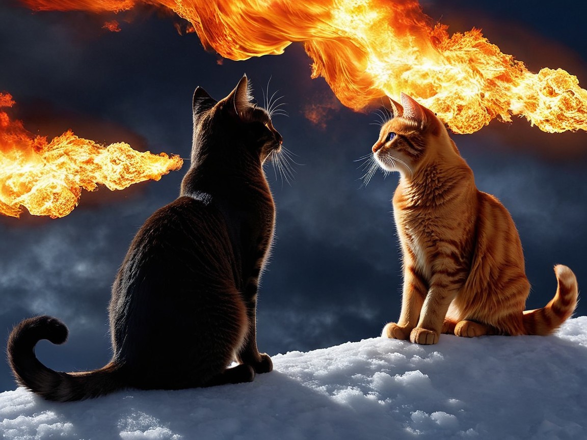 Cats on Snowy Ground with Flames and Dark Sky