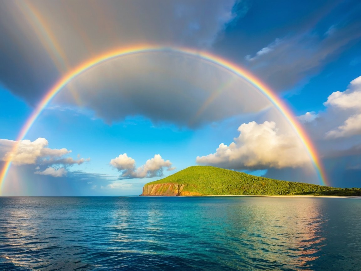 Rainbow Over Tranquil Sea and Lush Green Hillside
