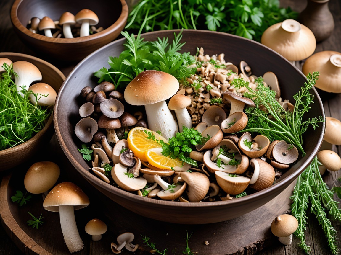 Wooden Bowl with Assorted Fresh Mushrooms and Greens