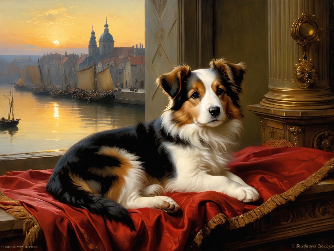 Tri-colored dog resting on red fabric by sunset waterfront