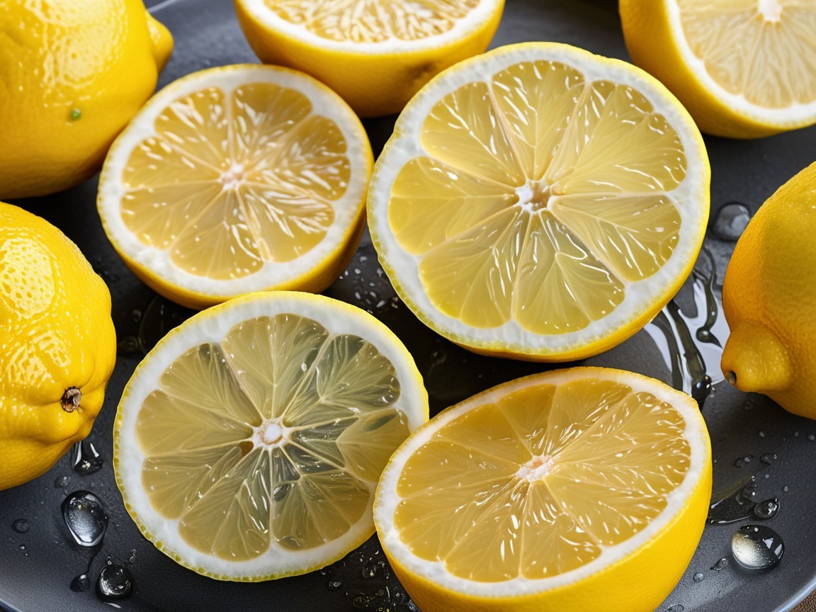 Vibrant Fresh Lemons with Juicy Halves and Water Droplets