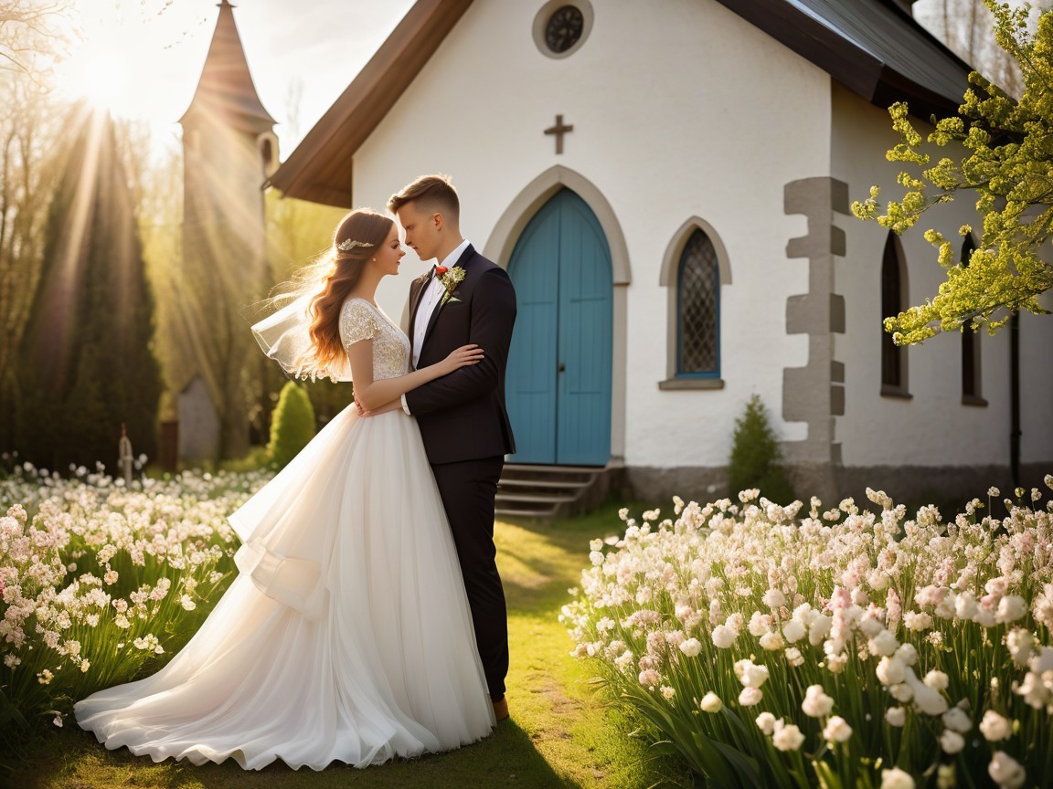Bride and groom in front of a white chapel with tulips
