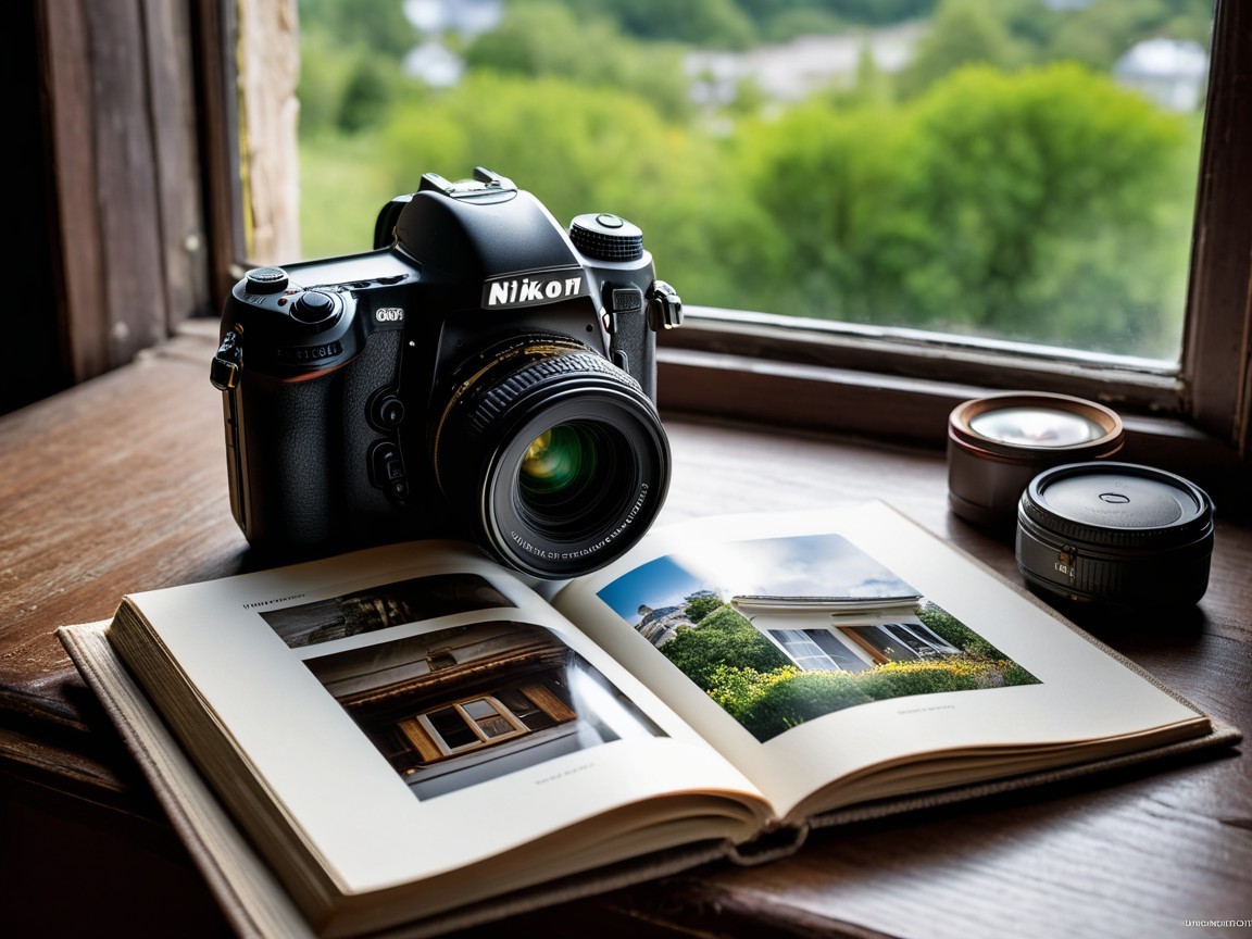 Nikon Camera and Photo Book on Wooden Table