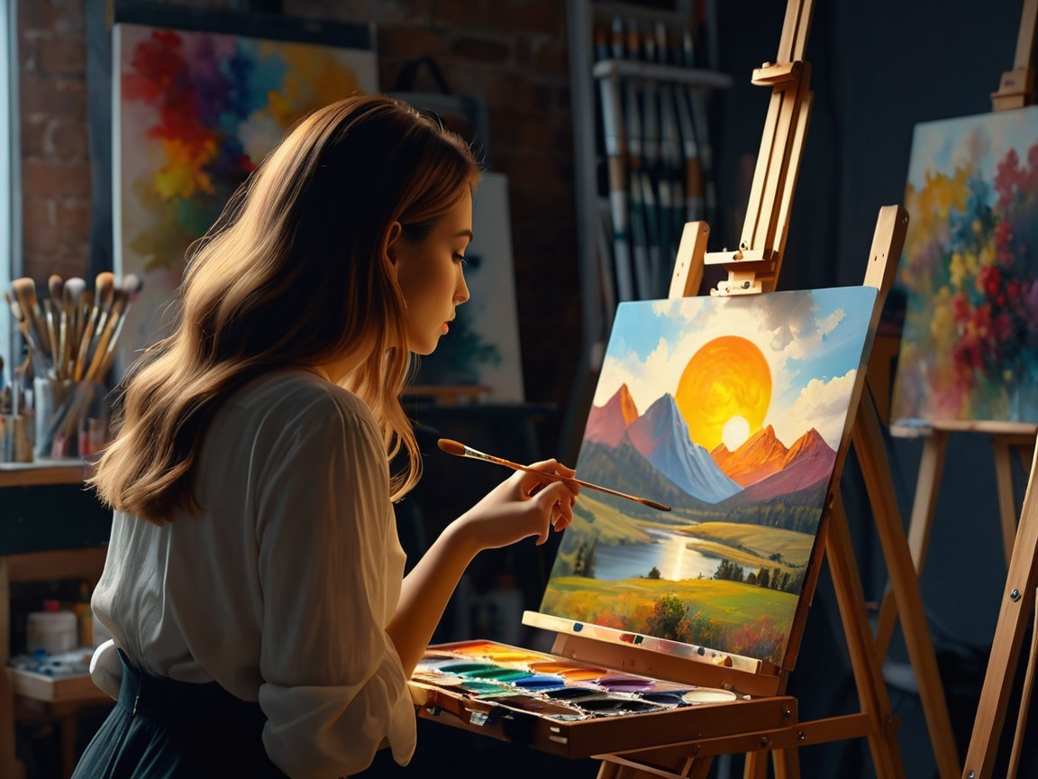 Young Woman Painting Sunset Over Mountains in Studio