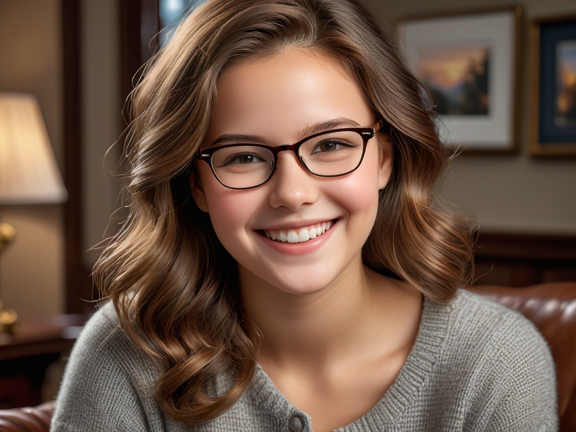 Young woman in cozy sweater with warm smile in bright room
