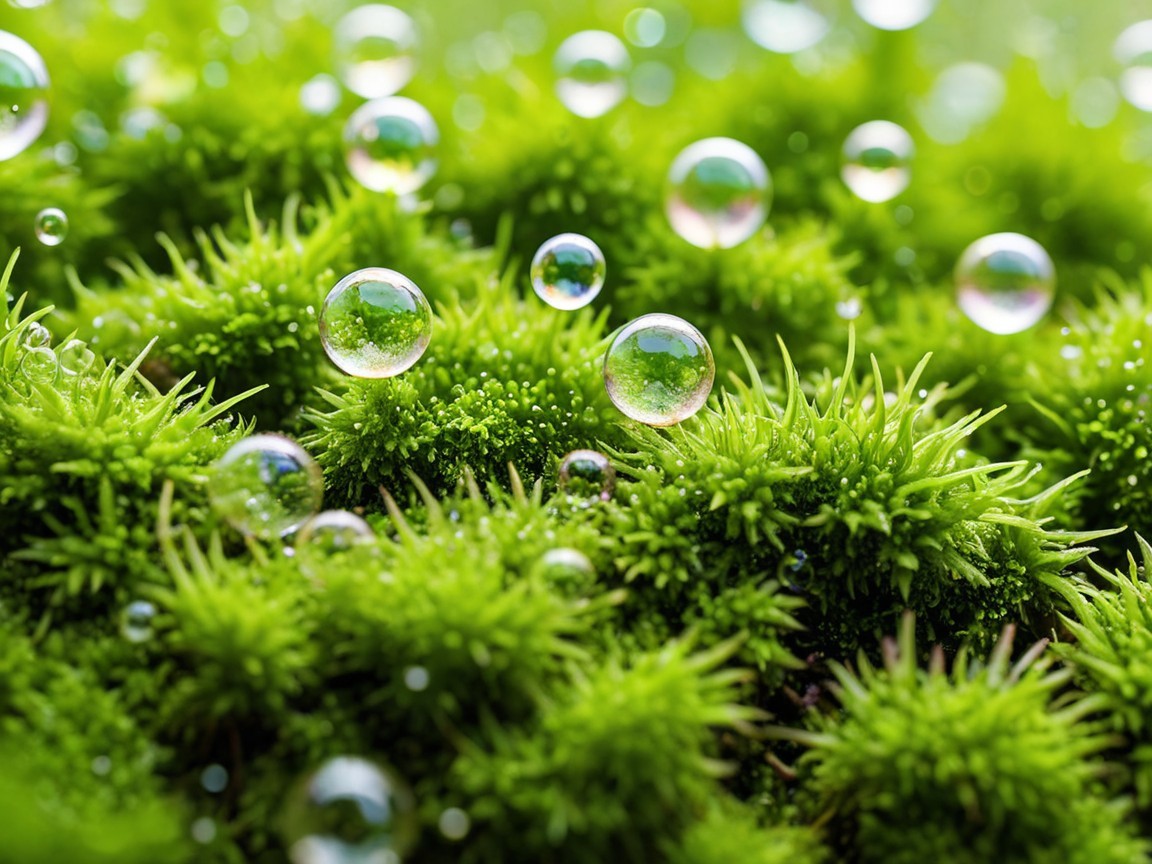 Vibrant Green Moss with Water Droplets Detail