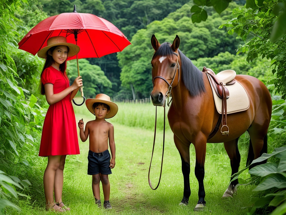 Young girl in red dress with boy and horse outdoors