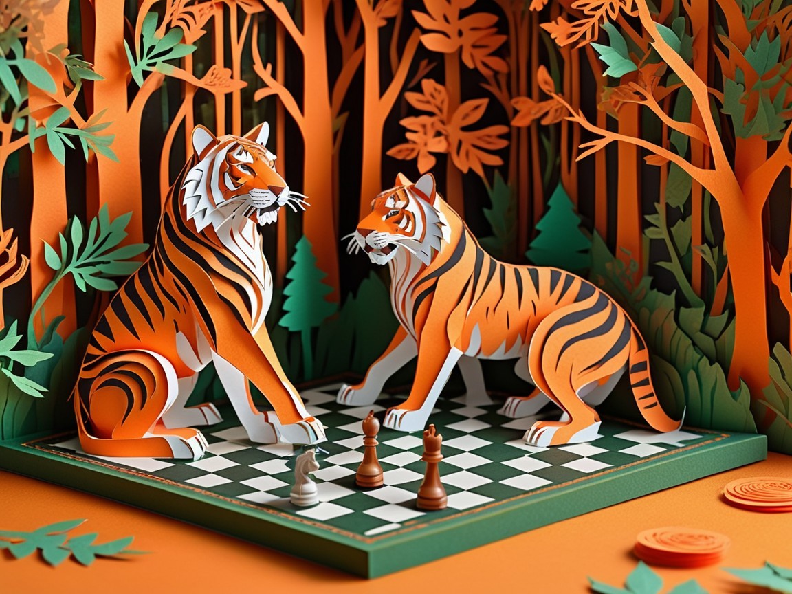 Paper Tigers on Chessboard in Lush Orange Forest