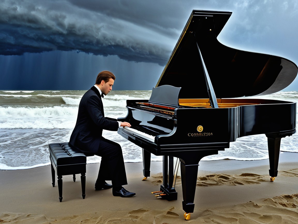 Man in Tuxedo Playing Grand Piano on Beach