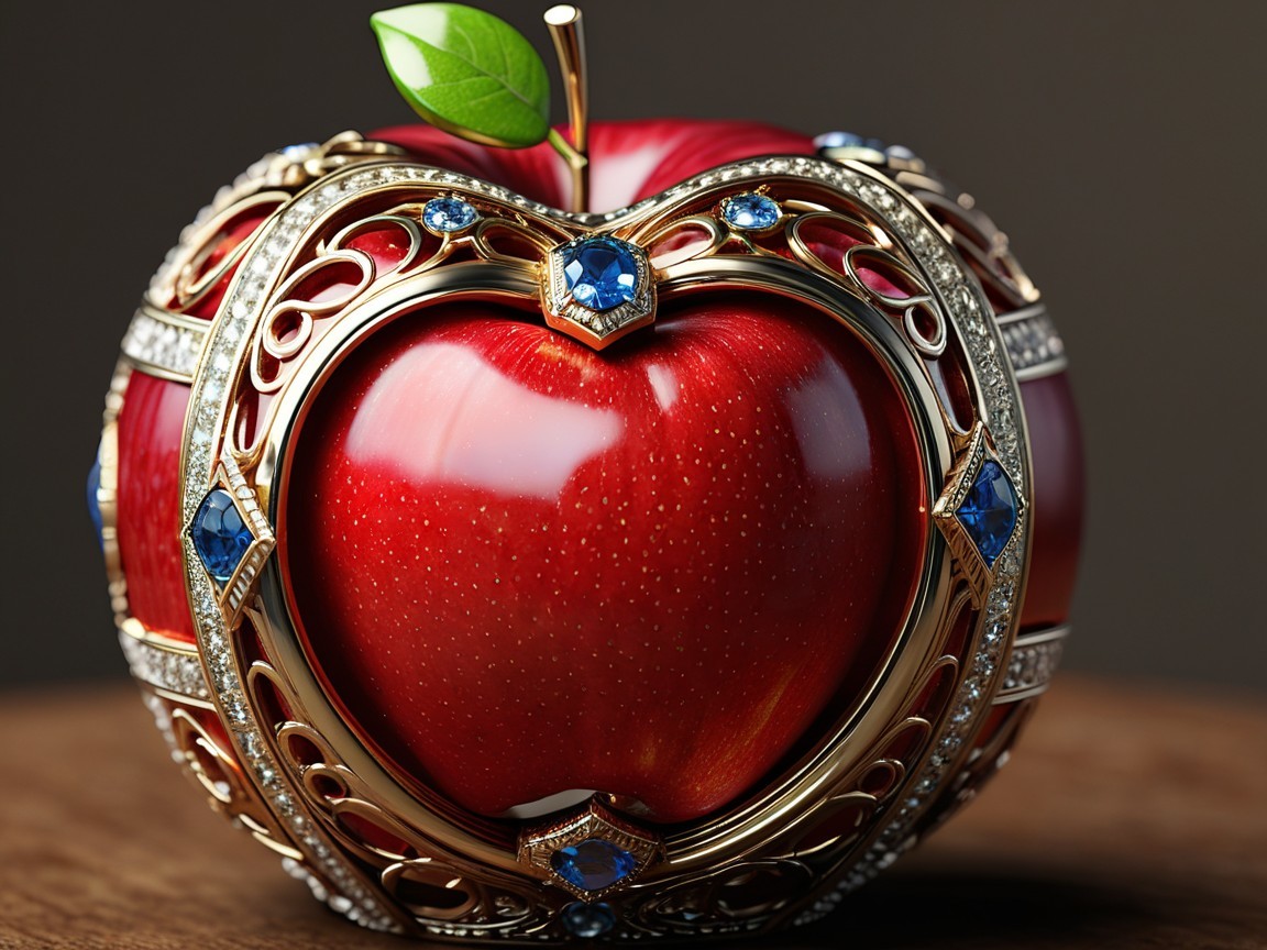 Red Apple with Gold Filigree and Blue Gemstones