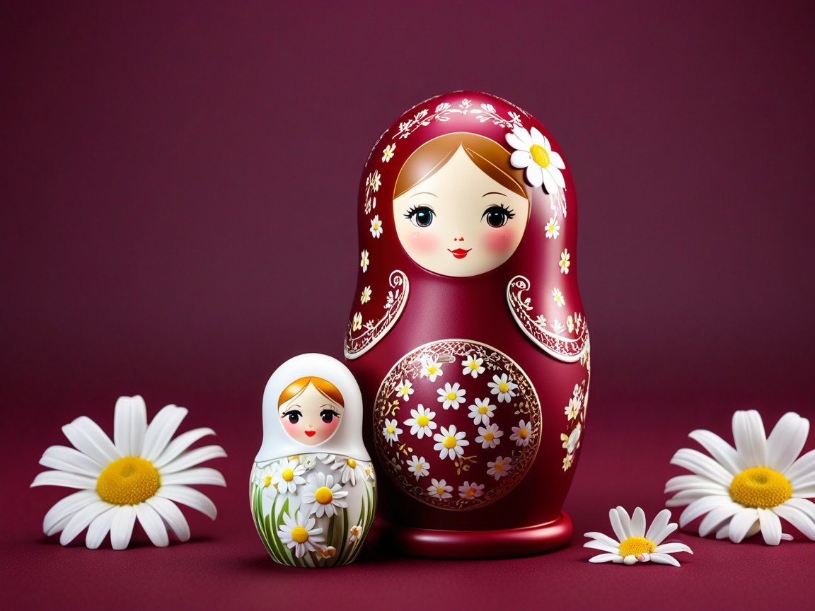 Matryoshka Dolls on Reddish-Purple Surface Background