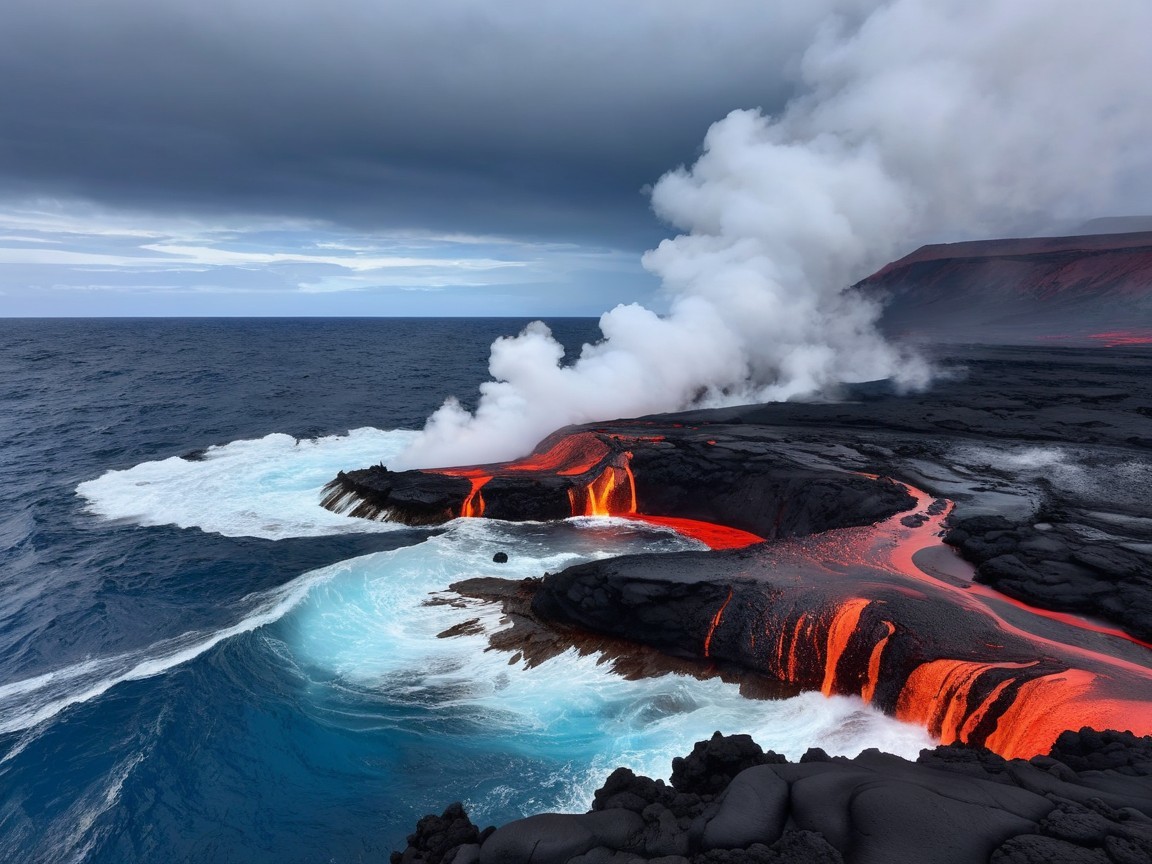 Volcanic Landscape with Lava and Ocean Contrast