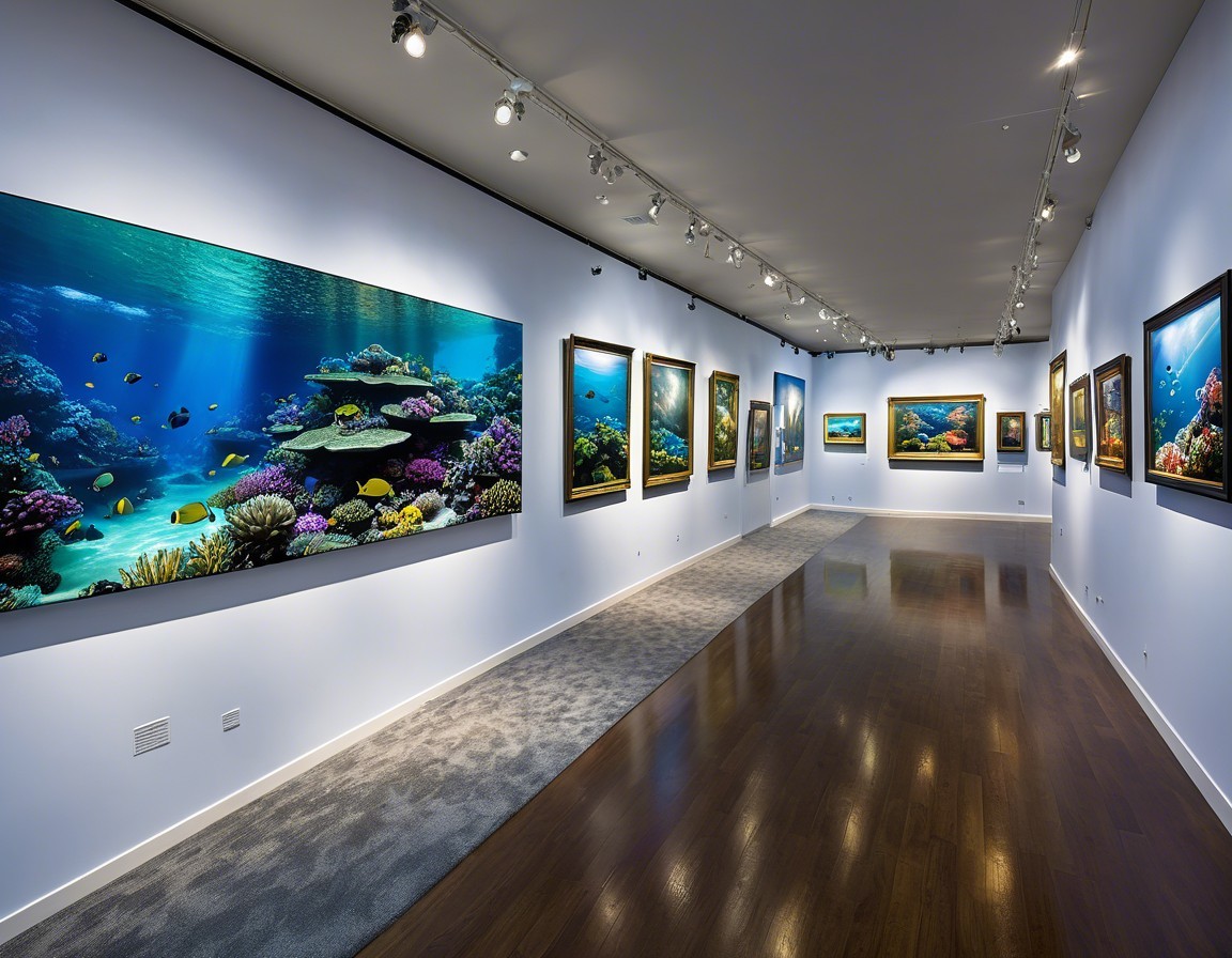 Modern Art Gallery with Underwater-Themed Paintings