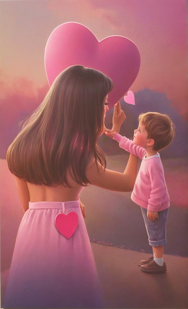 Woman and boy interact with a large pink heart