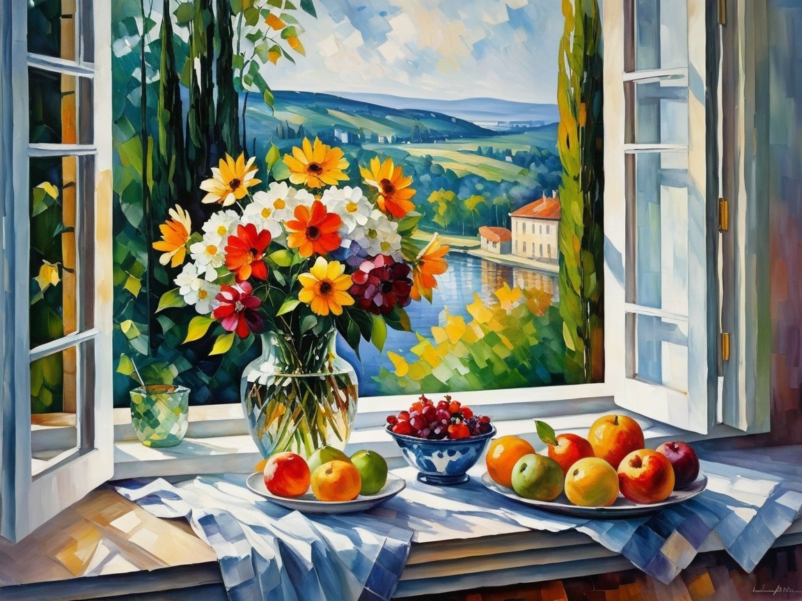 Impressionistic View from an Open Window with Flowers