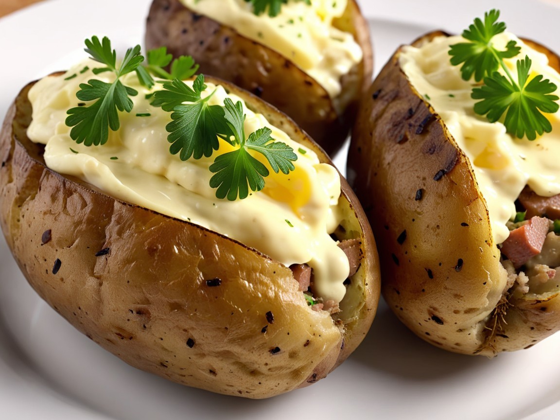 Baked Potatoes with Creamy Toppings and Parsley Garnish