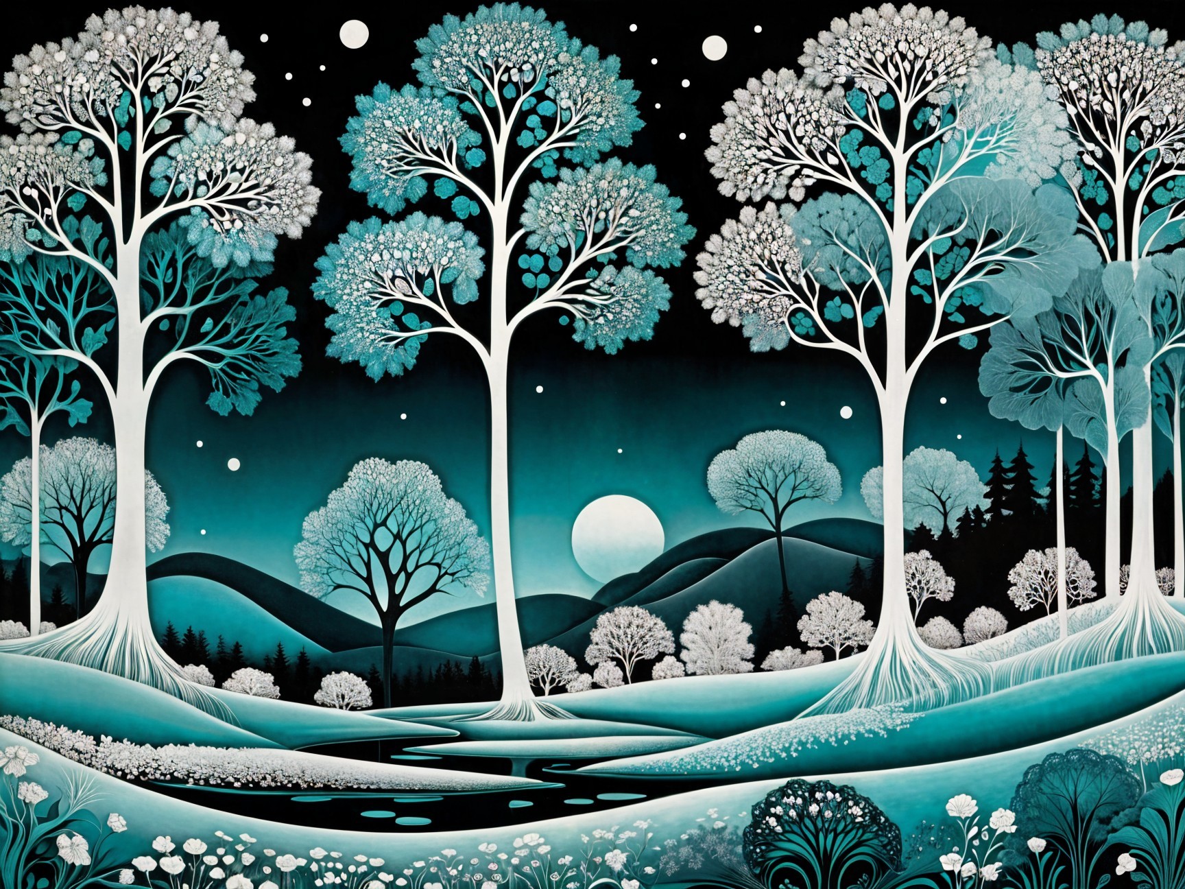 Serene landscape with stylized trees and moonlit stream