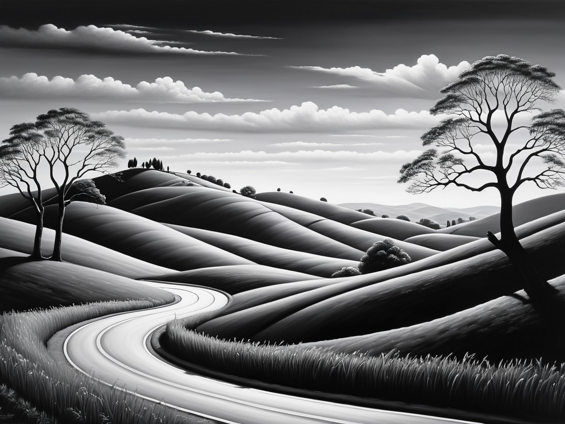 Black and White Landscape with Rolling Hills and Clouds