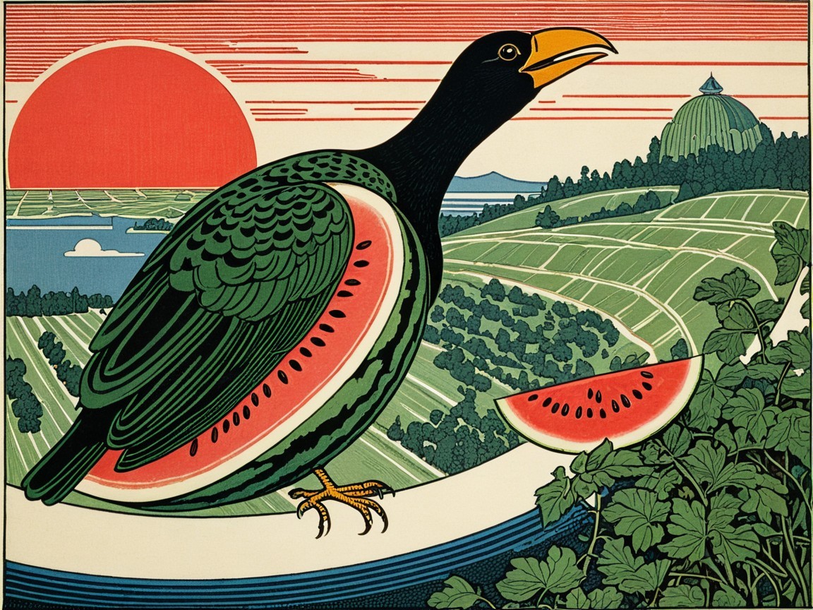 Black Bird with Watermelon Features in Rural Landscape