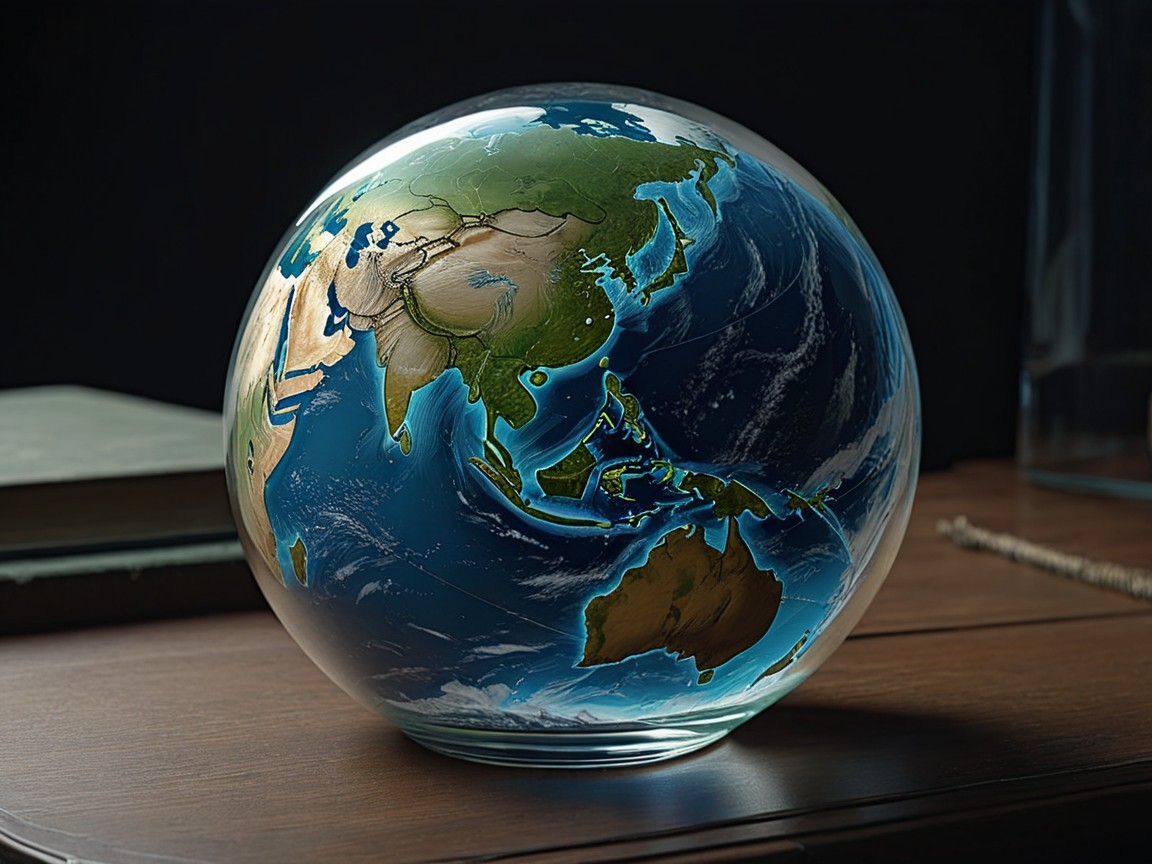 Vibrant Glass Globe Depicting Earth on Wooden Surface