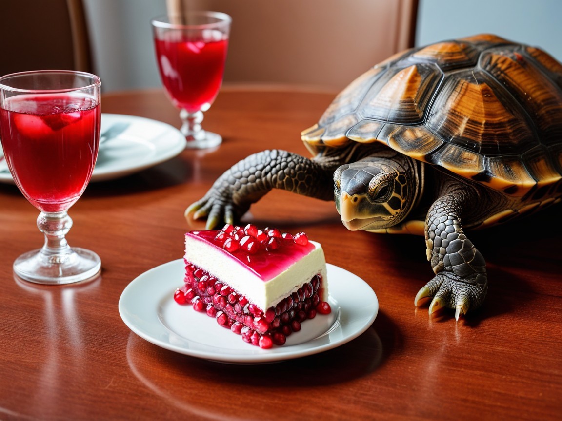 Tortoise Next to Colorful Berry-Topped Cake on Table