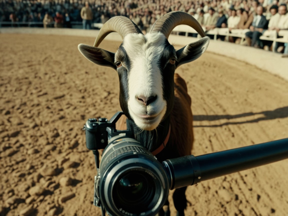 Goat with Black and White Markings in Arena Setting
