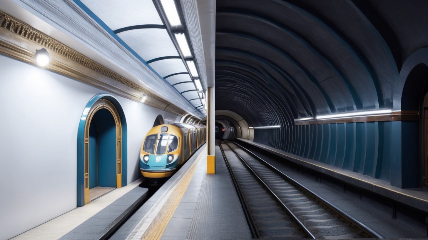 Bright Subway Station with Train and Dark Tunnel