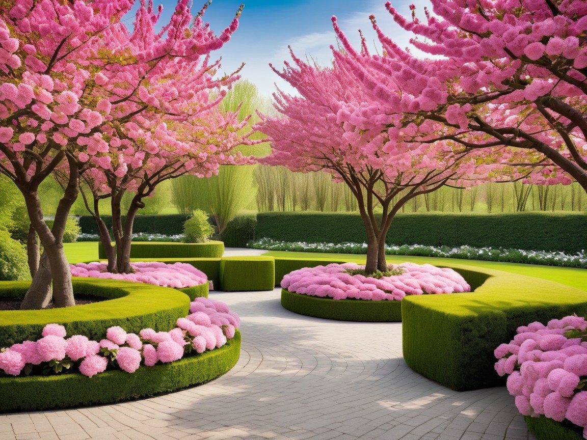 Vibrant Garden with Cherry Blossoms and Stone Pathway