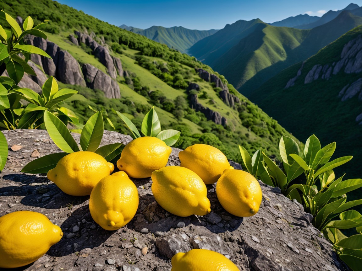 Vibrant Lemons on Rocky Ledge with Mountain Backdrop