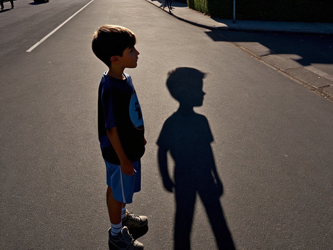Silhouetted Boy on Asphalt Street with Shadow