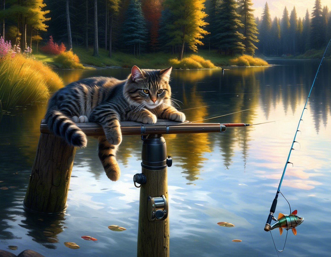 Tranquil Lake Scene with Cat and Fishing Rod