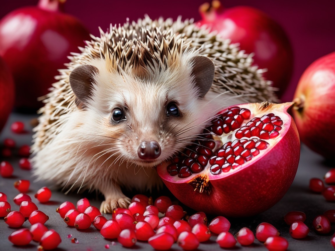 Hedgehog Surrounded by Vibrant Pomegranates and Seeds