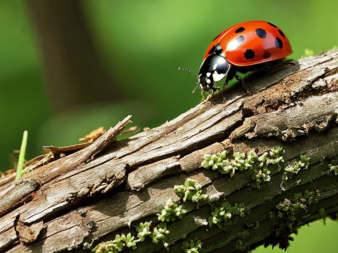 Vibrant Red Ladybug on Textured Wooden Branch