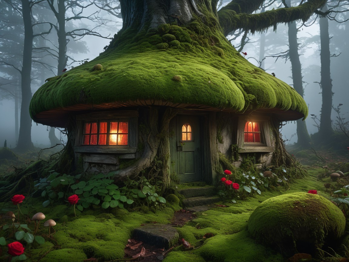 Whimsical Treehouse in a Misty Forest Setting