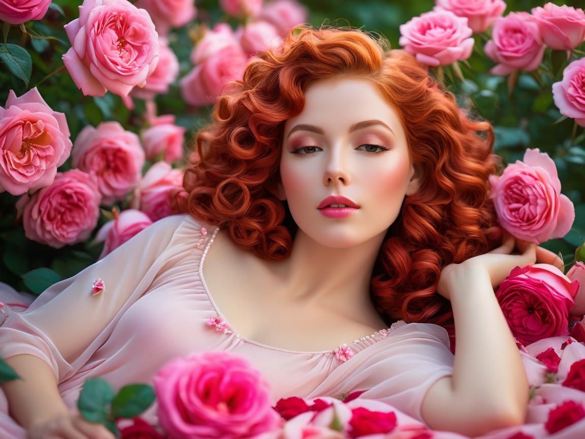 Woman with Red Curls Surrounded by Pink Roses