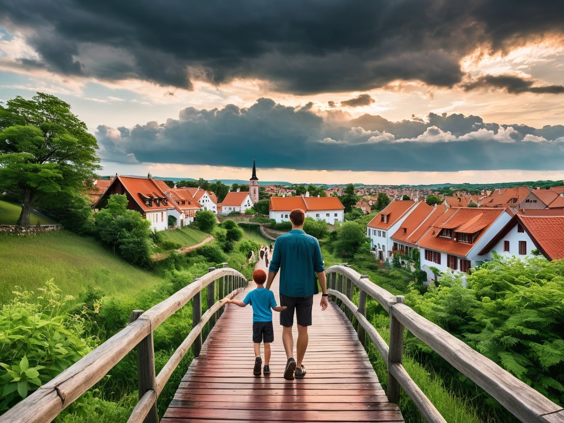 Father and son walking on a bridge to a village