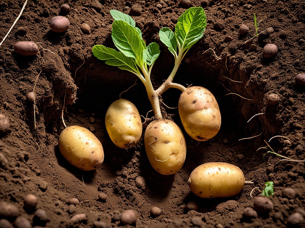 Freshly Harvested Potatoes in Dark Soil with Sprouts