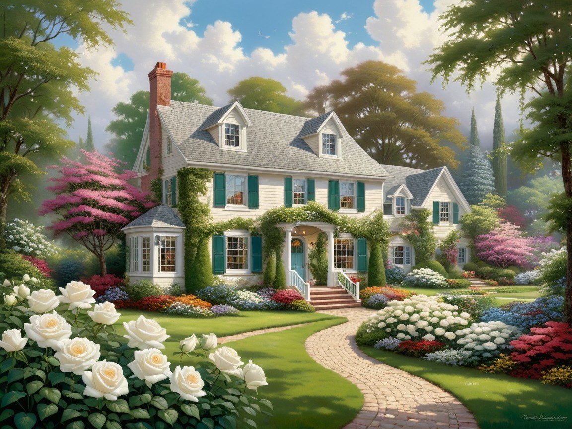 Charming White House Surrounded by Vibrant Garden