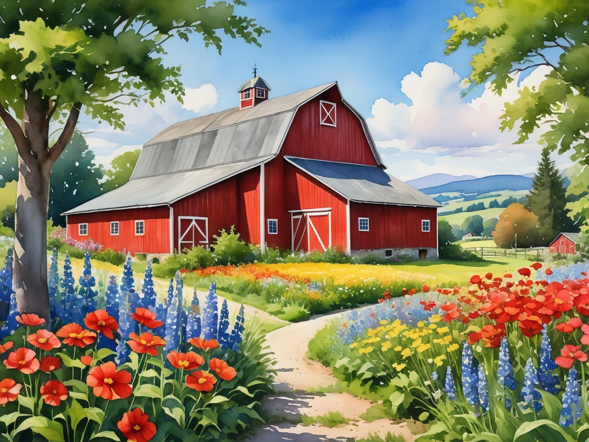 Vibrant Red Barn Amidst Green Hills and Colorful Flowers