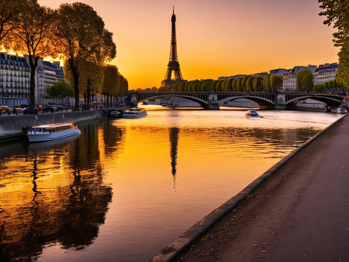 Eiffel Tower at Sunset Over the Seine River Landscape