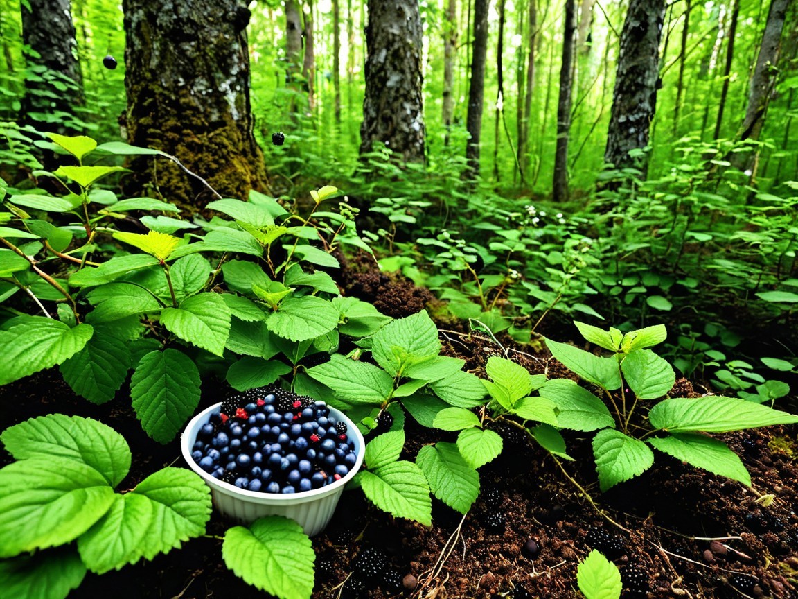 Bowl of Berries Surrounded by Lush Forest Foliage