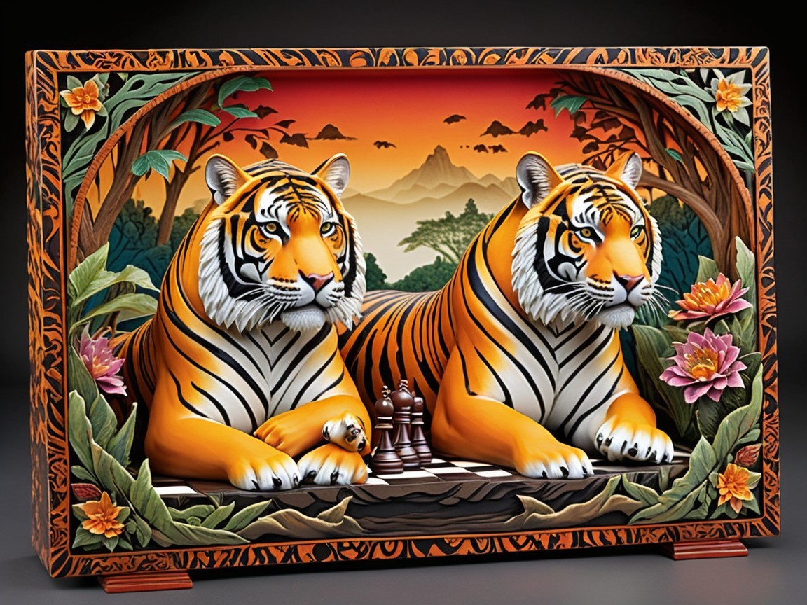 Intricately Carved Tigers with Chessboard at Sunset